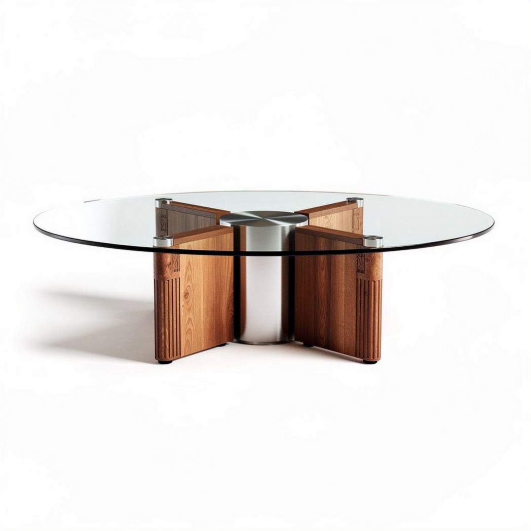 Table basse en verre rond et bois avec support en acier inoxydable 100 x 100 x 30cm