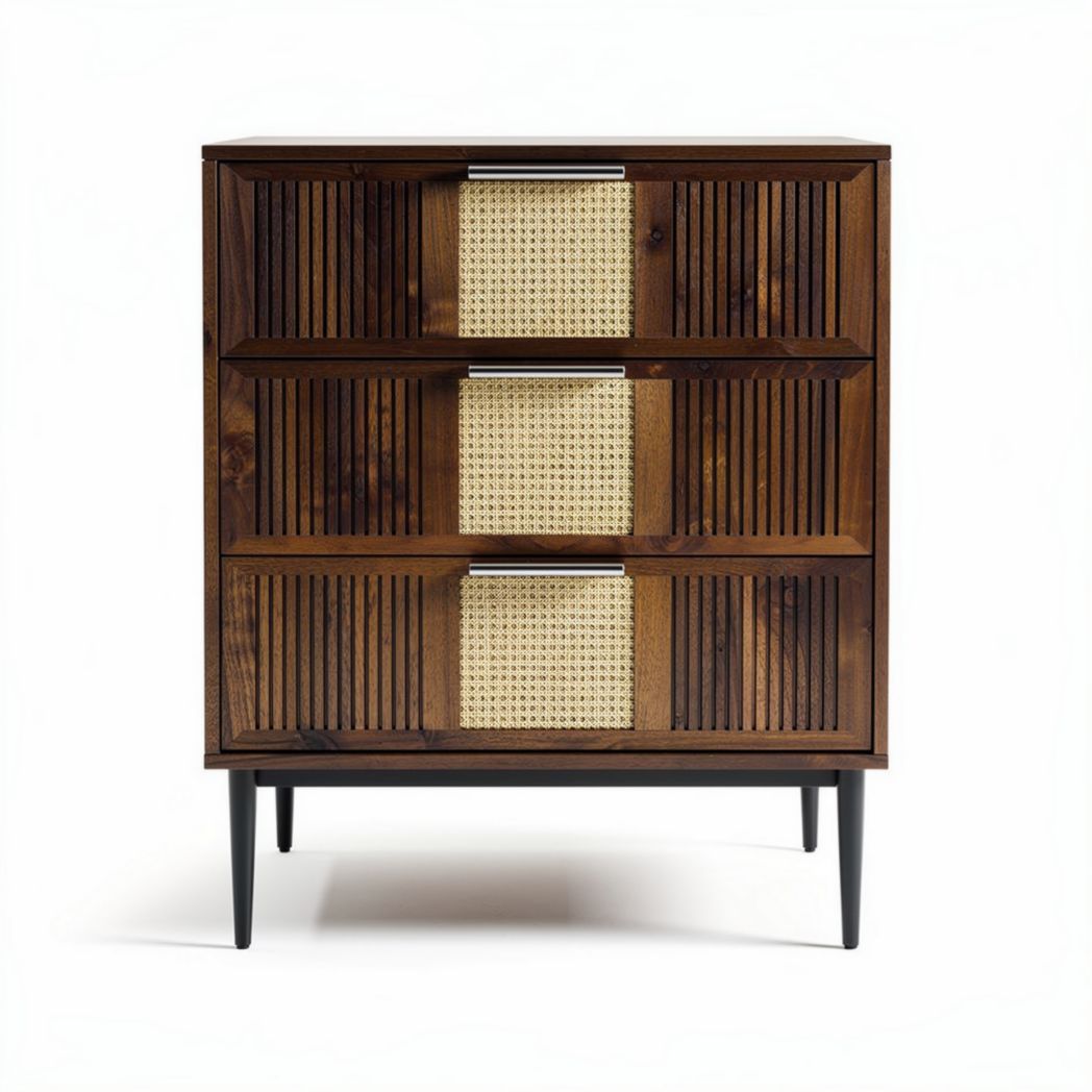 Meuble de rangement en bois avec trois tiroirs en rotin 70 x 40 x 90cm