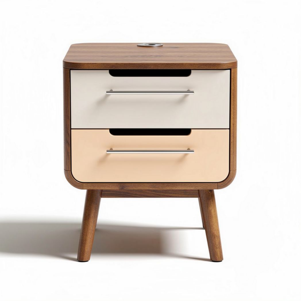Table de nuit en bois avec deux tiroirs en couleurs beige et rose dimensions 40 x 40 x 50cm