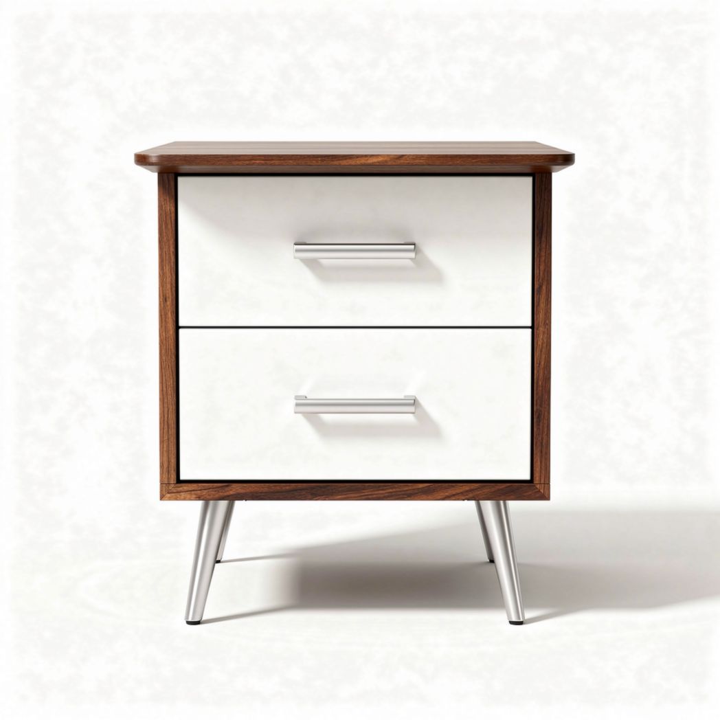 Table de nuit en bois couleur noyer avec tiroirs blancs 48 x 40 x 50cm