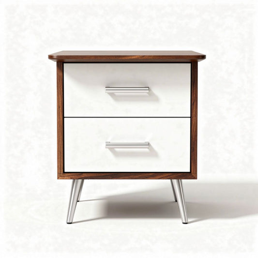 Table de nuit en bois couleur noyer avec tiroirs blancs 48 x 40 x 50cm