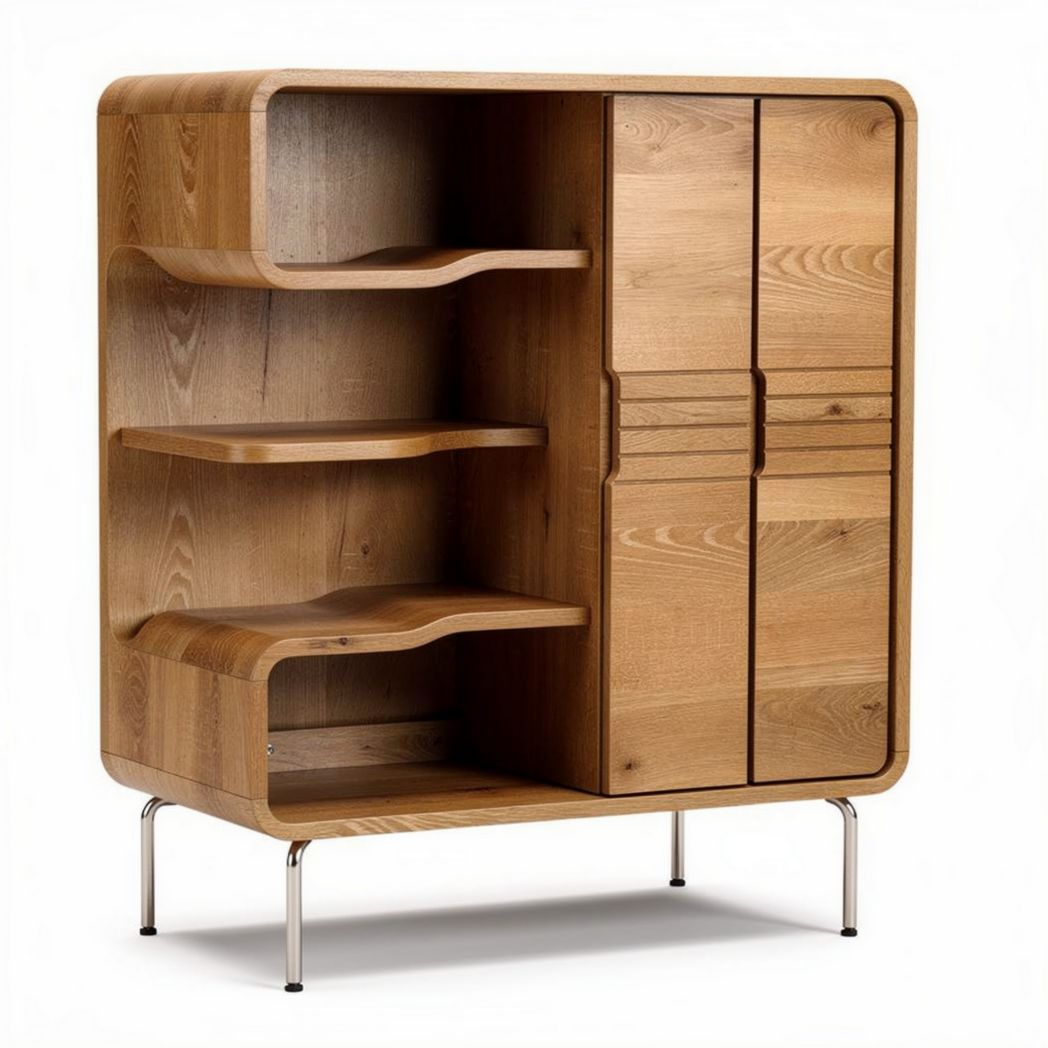Meuble de rangement en bois de chêne naturel 90 x 45 x 120cm avec étagères ouvertes et portes