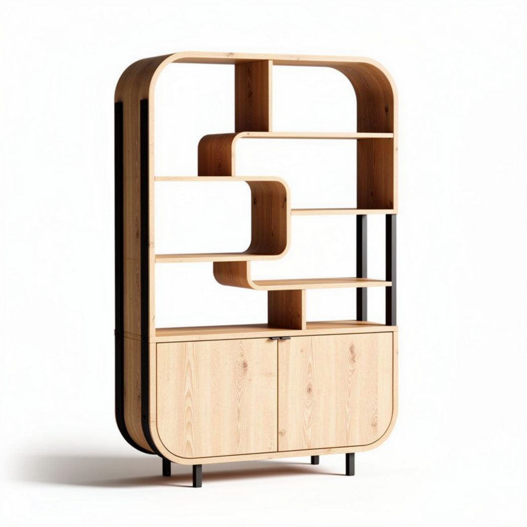 Bibliothèque en bois de chêne avec rangement et étagères en métal noir 150 x 40 x 200cm