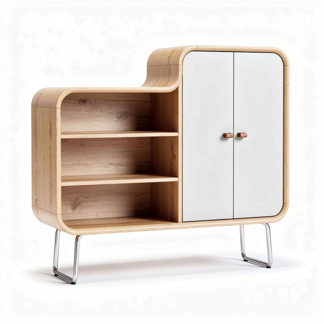 Meuble de rangement en bois clair et blanc avec étagères 80 x 40 x 90cm
