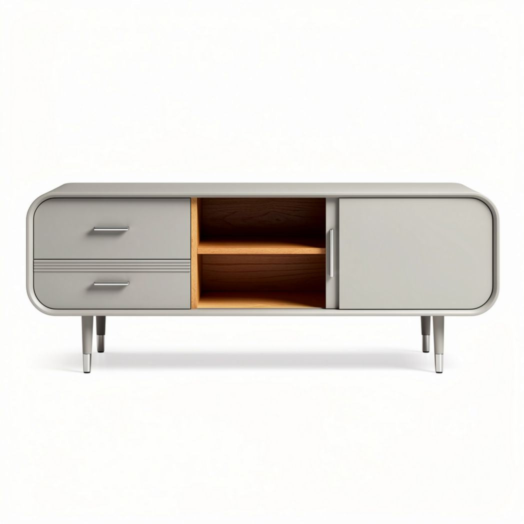 Meuble TV en bois et métal gris avec tiroirs et espaces de rangement 120 x 40 x 50cm