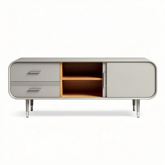 Meuble TV en bois et métal gris avec tiroirs et espaces de rangement 120 x 40 x 50cm