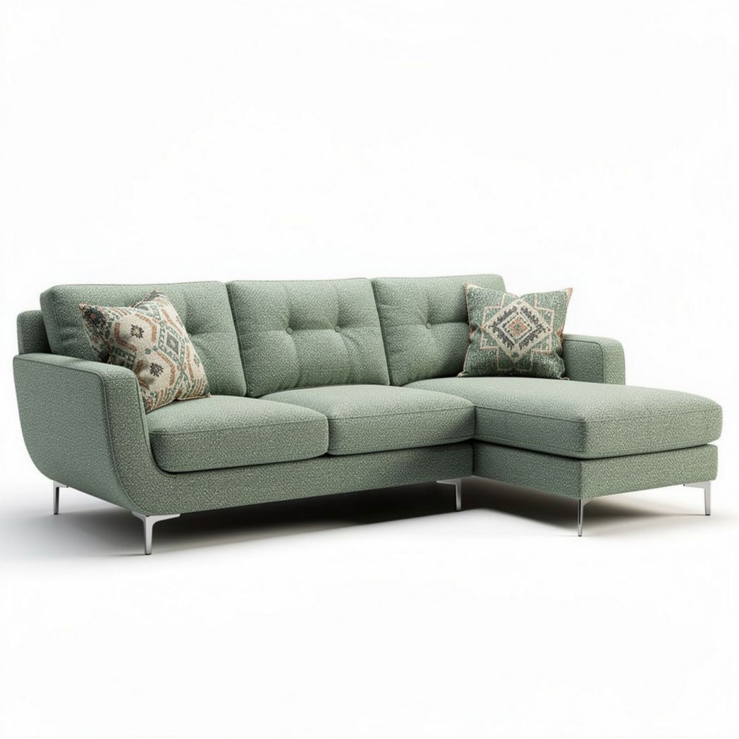 Canapé d'angle en tissu vert clair avec coussins décoratifs dimensions 230 x 150 x 85cm