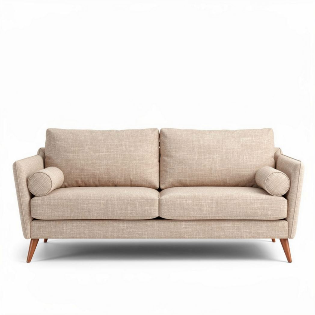 Canapé en tissu beige avec coussins rond en bois 210 x 90 x 85cm