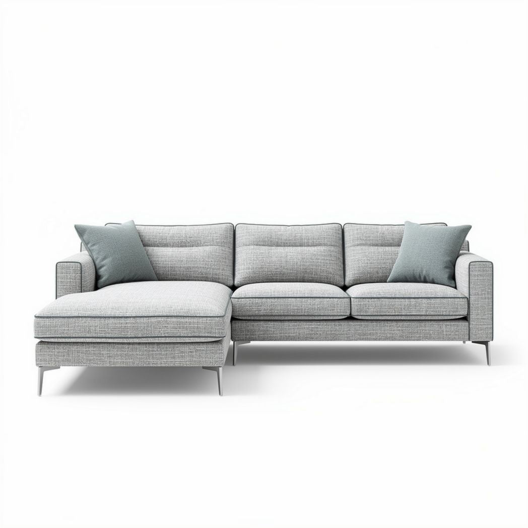 Canapé d'angle gris en tissu 240 x 90 x 85cm avec coussins décoratifs