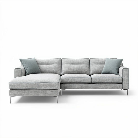 Canapé d'angle gris en tissu 240 x 90 x 85cm avec coussins décoratifs