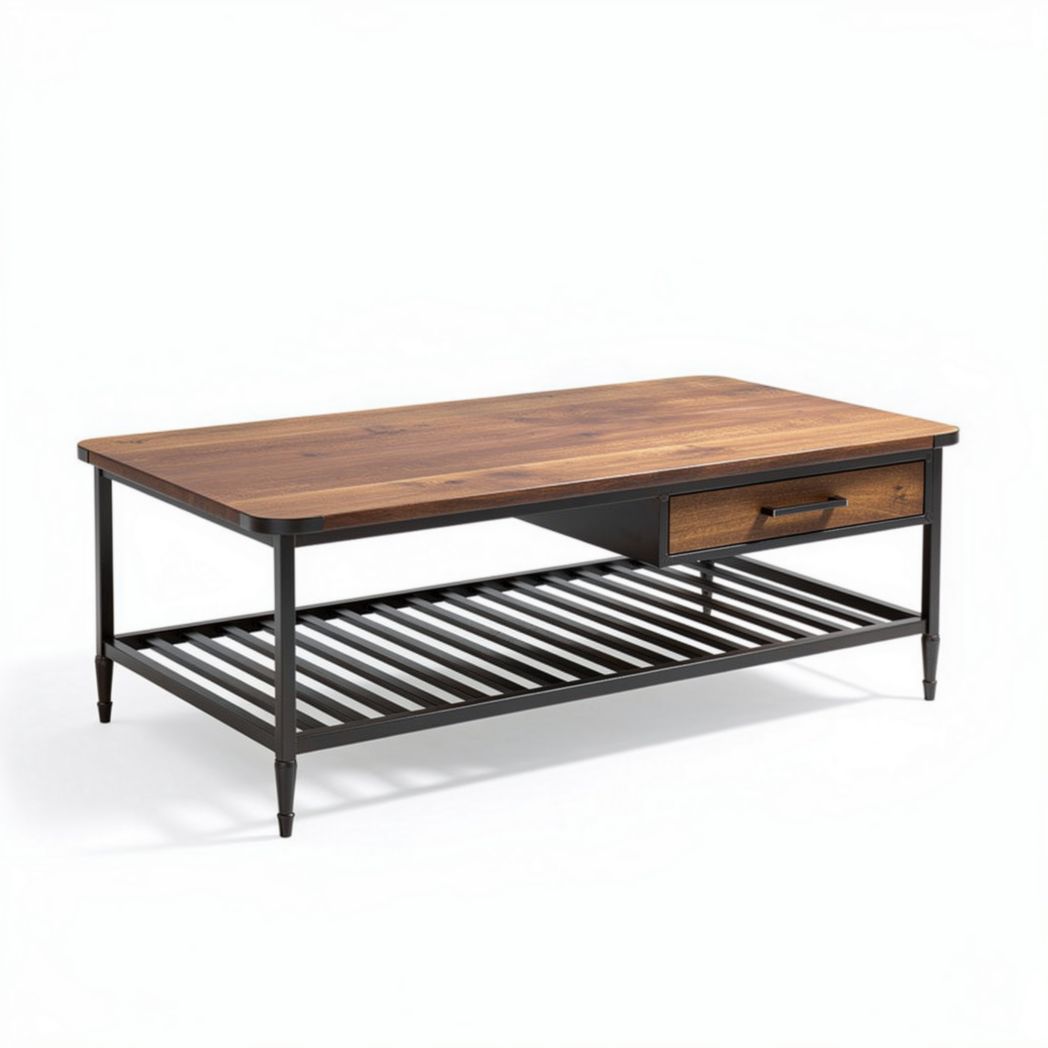 Table basse rectangulaire en bois et métal avec tiroir 120 x 60 x 45cm